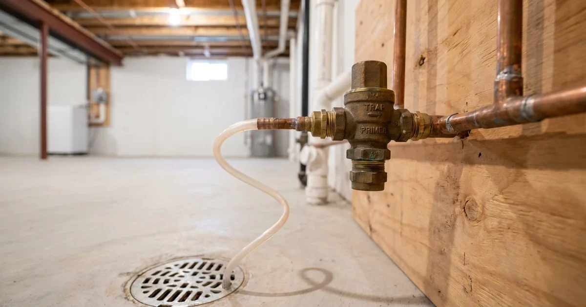 Trap primer plumbing works to prevent sewer gas in basements