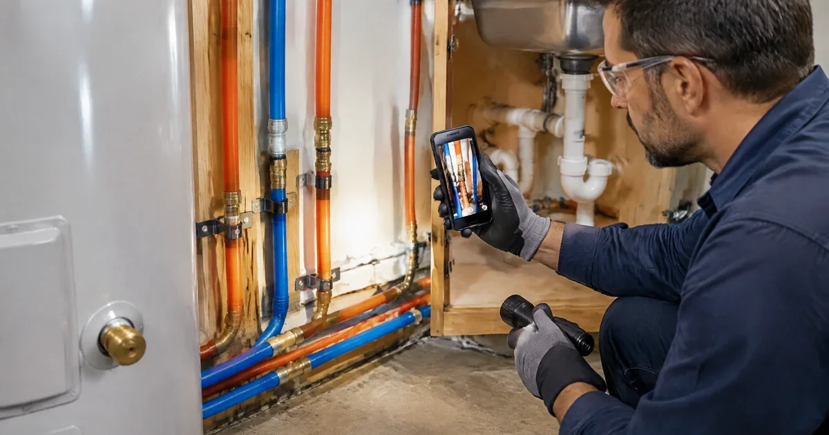 Blue and orange Kitec plumbing pipes with metal fittings in a wall