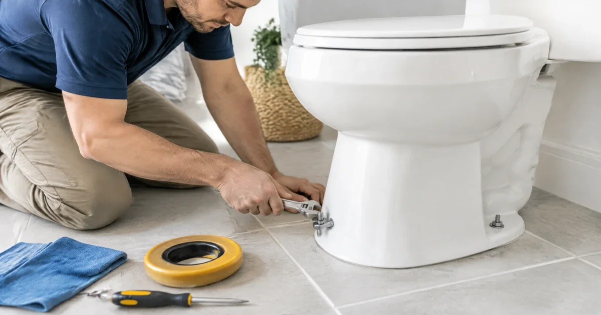 Water pooling around the base of a toilet on a bathroom floor