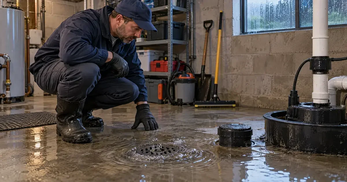 Water rising up through a basement floor drain during a heavy rainstorm