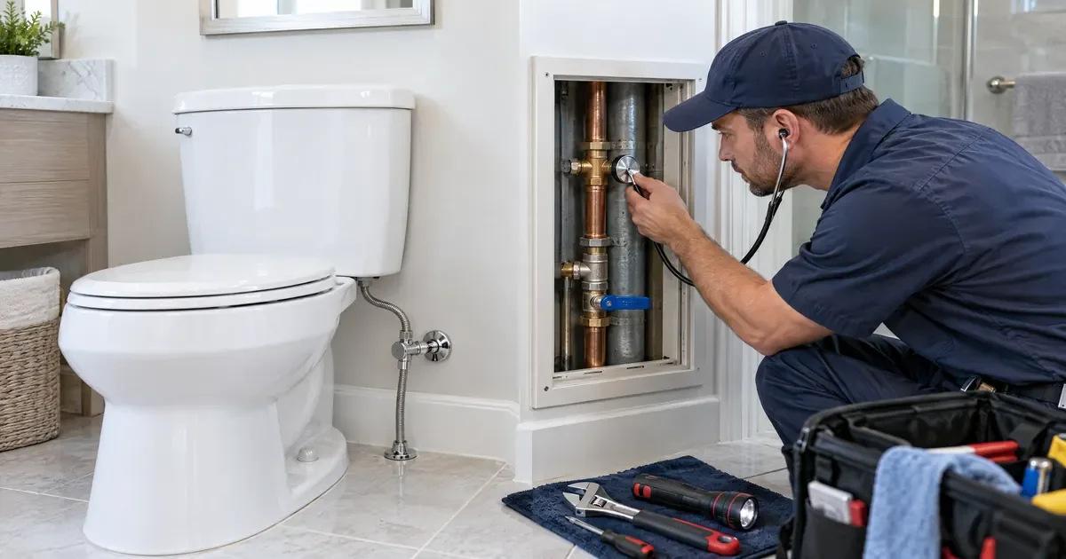 Plumber checking toilet supply pipes after water hammer knocking noise in the wall