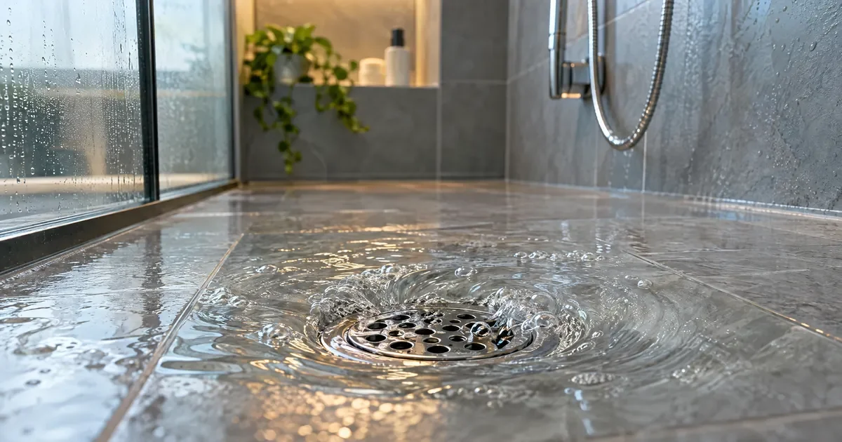 Shower drain with slow drainage and gurgling bubbles in the bathroom floor